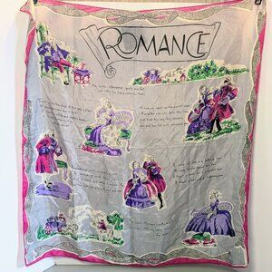 Vintage Gray Purple Silk Large Square Scarf Rococo Romance Imagery Rolled Edge